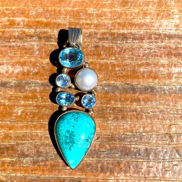 Turquoise & Silver & simulant stones on silver pendant ready for chain, leather - Picture 4 of 4